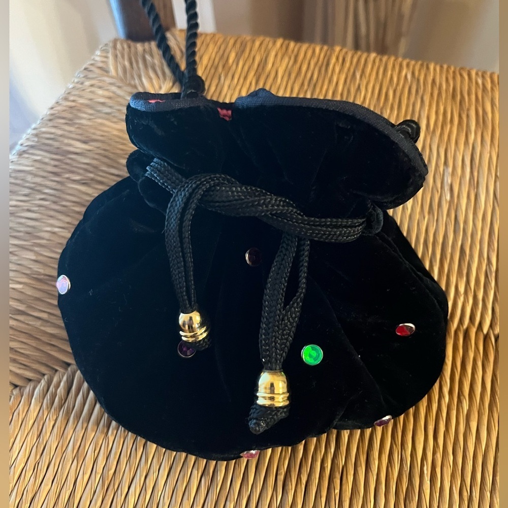 Vintage Black Velvet Multicolor Rhinestone Evening Drawstring Pouch Bag